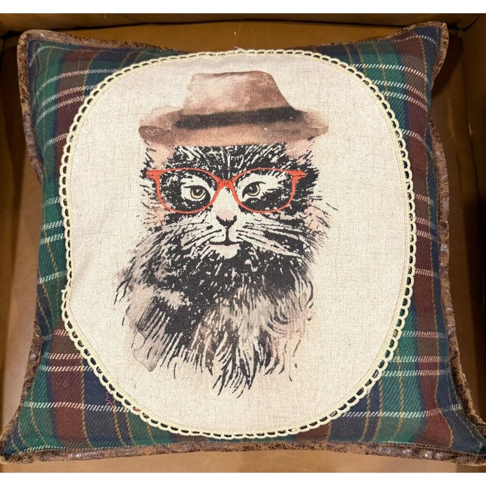 Plaid Cat Pillow Cover Glasses & Hat 19 in Square Cabincore
